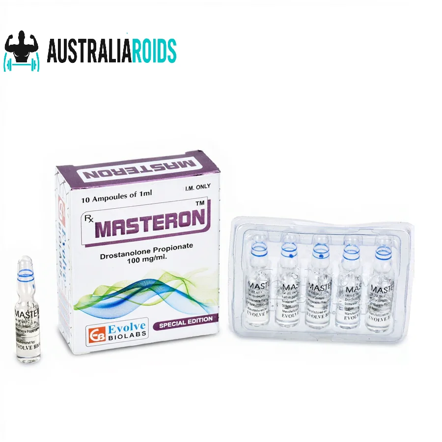Masteron Drostanolone Propionate 100 mg/ml 10 ampoule pack by Evolve Biolabs with clear glass ampoules and packaging.