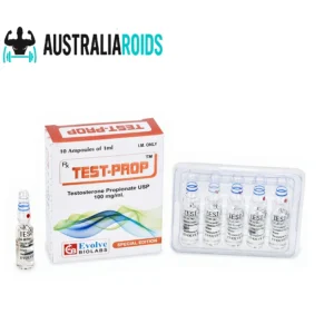 Testosterone Propionate 100 mg/ml Test-Prop ampoules in packaging by Evolve Biolabs for intramuscular injection.