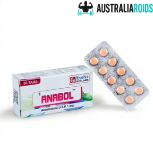 Anabol (Anastrozole 1 mg) by Evolve Biolabs with 50 tablets in a box and blister pack displayed.