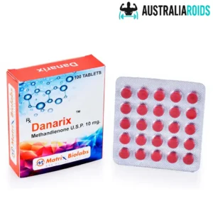 Box and blister pack of Danarix Methandienone 10 mg tablets by Matrix Biolabs with red tablets visible.
