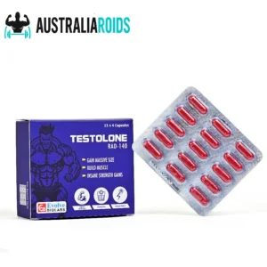 Testolone RAD 140 box and blister pack with red capsules on a white background.