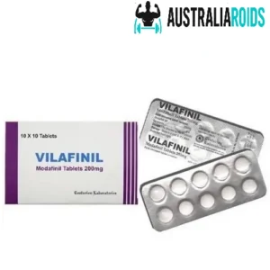 Vilafinil Modafinil 200 mg tablets box and blister packs on a white background.