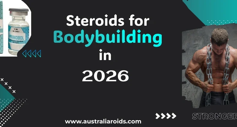 Primobol steroid vial and a muscular man wearing chains, representing Steroids for bodybuilding in 2026.