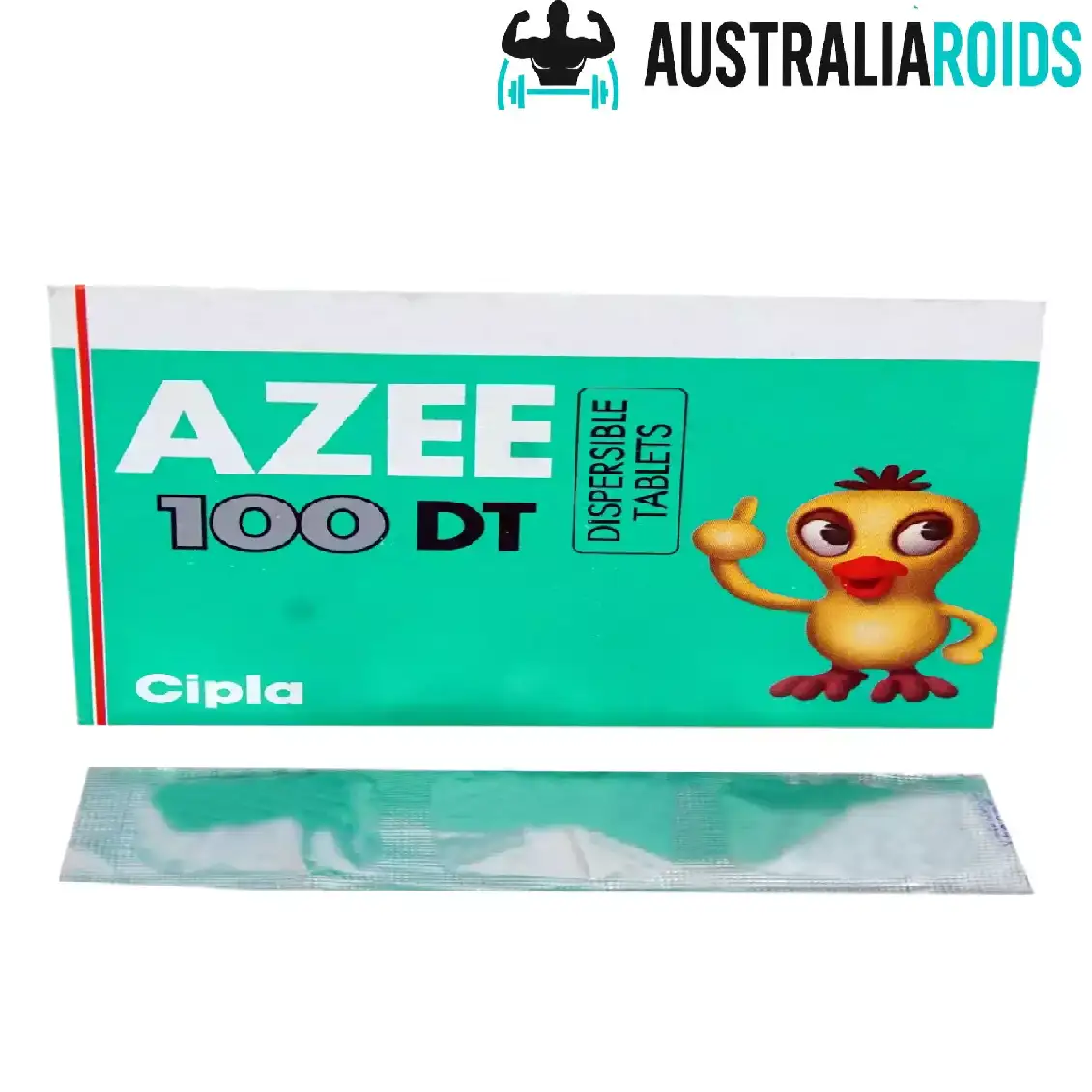 Azee DT 100 mg Dispersible Tablets by Cipla – Azithromycin 100mg – Antibiotic packaging with dispersible tablet strip.
